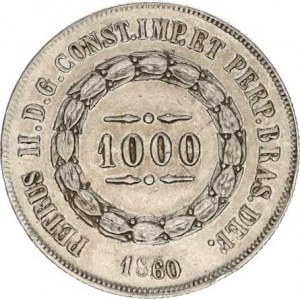 Brazilie, Pedro II. (1831-1889), 1000 Reis 1860 - přeražený letopočet ! Ag 917 12,75 g