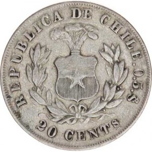 Chile, 20 Centavos 1892 KM 138.4 Ag 500 5 g