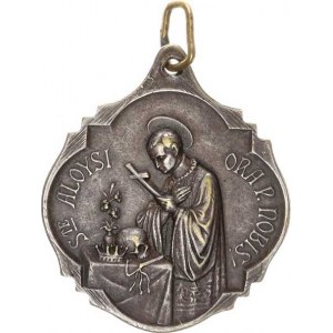 Náboženské medaile, Německo - Sv. Alois s křížem, lebkou, lilií a korunou, opis / Pan