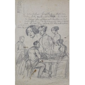 Piotr MICHAŁOWSKI (1800-1855), Skici postav sedících u stolu a studie ženské hlavy
