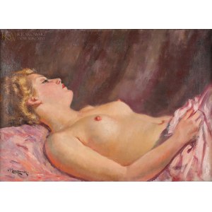 Stanislaw ŻURAWSKI (1889-1976), Semi-act in pink bedding.