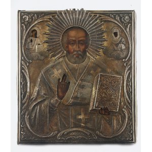 Wasilij Siergiejewicz SIKACZEW (złotnik czynny 1883-1917), Ikona - św. Mikołaj Cudotwórca, w okładzie