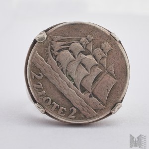 Sygnet z monetą ''2 zł - Żaglowiec, Warmet - srebro 800