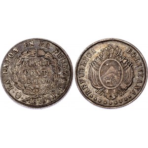 Bolivia 5 Centavos 1875 FE Overstrike