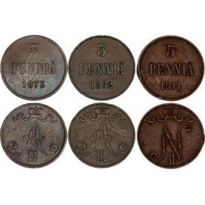 Russia - Finland 3 x 5 Pennia 1873 -1911