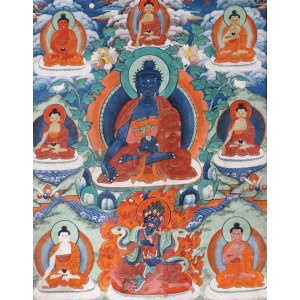 THANKA, BUDDA SHAKYAMUNI OTOCZONY PRZEZ BODHISATTWY, Tybet, XIX/XX w.