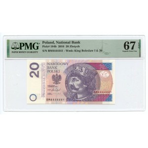 20 złotych 2016 - seria BM. Numer sąsiadujący z jednorodnym 4444441 - PMG 67 EPQ