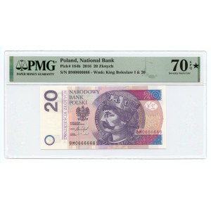 20 złotych 2016 - seria BM 0666666 - PMG 70 EPQ ★ MAX NOTA