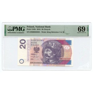 20 złotych 2016 - seria BM. Numer 0888888- PMG 69 EPQ