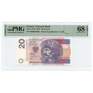 20 złotych 2016 - seria BM. Numer 0999999- PMG 68 EPQ