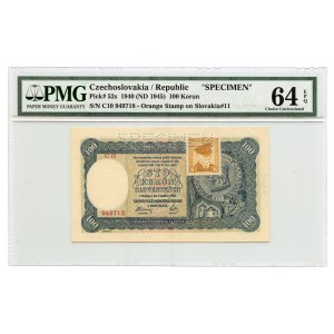 ČESKOSLOVENSKO - 100 korún 1940, séria C 10 - SPECIMEN - PMG 64 EPQ