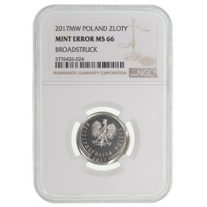 1 zlatá 2017 - mimo střed, DESTRUKT - NGC MS 66 MINT ERROR