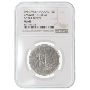 10 złotych 1964 Kazimierz Wielki - PRÓBA NIKIEL - NGC MS 63