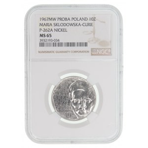 10 złotych 1967, Maria Skłodowska-Curie, PRÓBA, nikiel - NGC MS 65