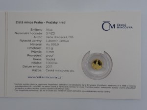 Zlatá mince Praha 2017, 5 NZD Pražský hrad, Pozdrav z Prahy, první v sérii, hledaná, blistr, jen 1000 ks, Au,