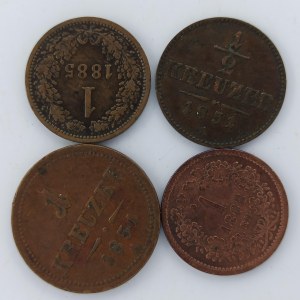 1 Krejcar 1851 A, 1/2 Krejcar 1851 A, 1 Krejcar 1868 KB, 1885 bz, Cu, 4 ks