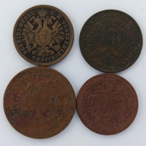 1 Krejcar 1851 A, 1/2 Krejcar 1851 A, 1 Krejcar 1868 KB, 1885 bz, Cu, 4 ks