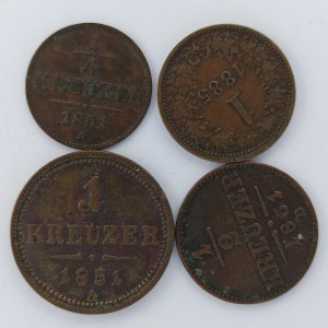 1 Krejcar 1851 A, 1/2 Krejcar 1851 B, 1/4 Krejcar 1851 A, 1 Krejcar 1885 bz, Cu, 4 ks