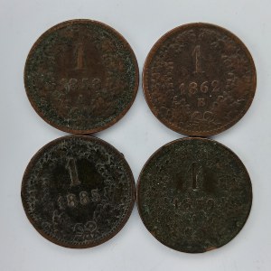 1 Krejcar 1858 A, 1859 A, 1862 B, 1885 b.z., Cu, 4 ks