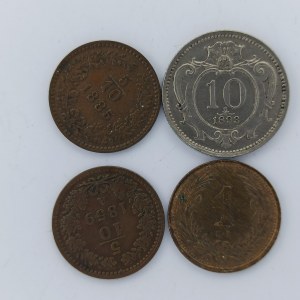5/10 Krejcar 1859 A, 1885 bz, 10 Haléř 1893 bz, 1 Filler 1902 KB, 4 ks