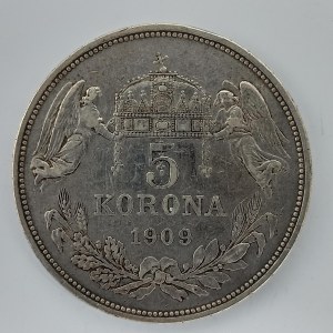 5 Koruna 1909 KB, nep. hry, Ag,