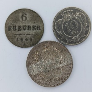1 Koruna 1916 bz, 10 Haléř 1910 bz, 6 Krejcar 1849 A, 3 ks