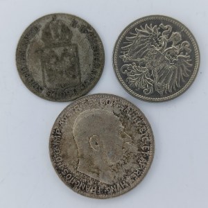 1 Koruna 1916 bz, 10 Haléř 1910 bz, 6 Krejcar 1849 A, 3 ks