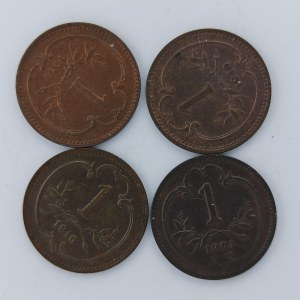 1 Haléř 1901, 1910, 1914, 1916 nový znak, vše bz, Cu, 4 ks