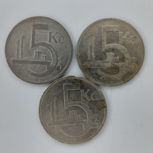 5 Koruna 1928, 1929, 1930, Ag, 3 ks