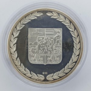 AR med. 75 let. První československé mince, 13g, 40mm, náklad 2000ks, bez certifikátu, v neorig. kapsli, skvrnky, Ag,