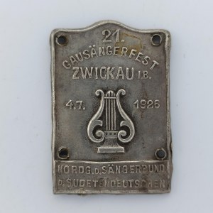 Odz./ štítek na prapor Zwickau in Bohmen, 4.7.1926, Sudetské hudební slavnosti, motiv Lyra, 26x39mm, zvlnění, Ag?,