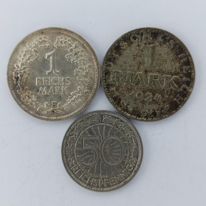 1 Marka 1924 F, 1 Reischmark 1925 F (skvr.), 50 Rpf 1928 A, 3 ks