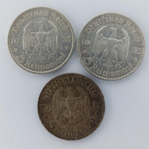 5 Reichsmark 1934 F, 1935 A, E, vše KOSTEL, Ag, 3 ks