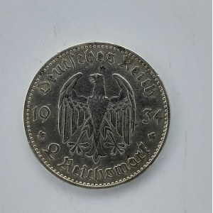 2 Reichsmark 1934 A kostel s datem, Ag,