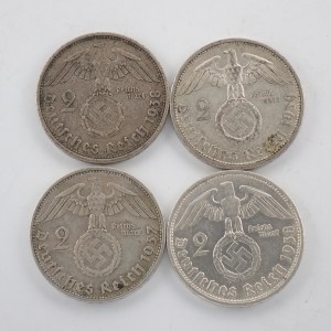 2 Reichsmark 1937 A, 1938 A, D, 1939 A, Ag, 4 ks