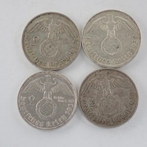 2 Reichsmark 1937 A, 1938 B, F, 1939 A, Ag, 4 ks