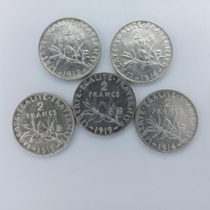 2 Frank 1914, 1915, 1916, 1917, 1919, Ag, 5 ks