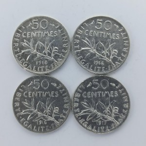 50 Centimes 1914, 1916, 1917, 1918, Ag, 4 ks