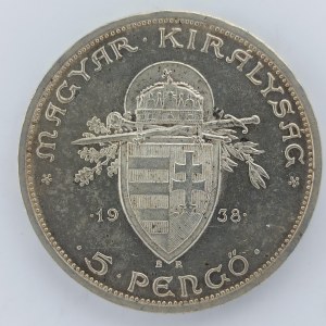 5 Pengö 1938, skvrnky, KM.516, Ag,