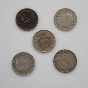 3 Pence 1937, 1938, 1939, 1940, 1941, Ag, 5 ks