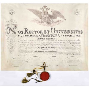[Diplom der Universität von Kaiser Franz Joseph I. über die Verleihung des Doktortitels in Rechtswissenschaften an Andreas Ressig. Datiert. Lemberg [Lviv] 7 XII 1834. [Recht].