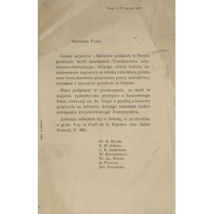 Pozvánka na založenie Spoločnosti umenia a literatúry v Paríži, 1897