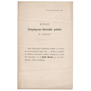 Polský umělecký a literární kroužek v Paříži. Pozvánka a program koncertu. Paříž 1898