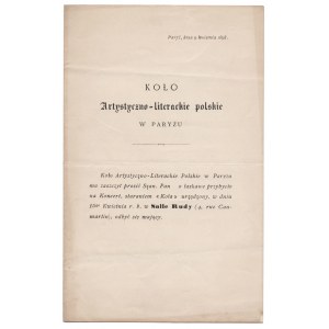 Polnischer künstlerischer und literarischer Kreis in Paris. Einladung und Programm des Konzerts. Paris 1898