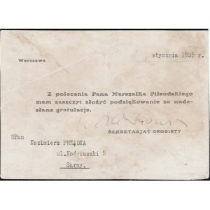 [IŁŁAKOWICZÓWNA Kazimiera, autograf] Poděkování jménem maršála Józefa Piłsudského za osobní blahopřání. 1935