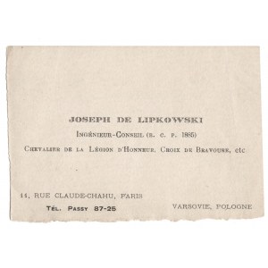 [LIPKOWSKI Józef] Vizitka s ručne písanou poznámkou a autogramom. 1917
