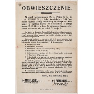 [Marynarka Wojenna - zaciąg ochotniczy] Obwieszczenie dat. Kielce 12 kwietnia 1921 r.