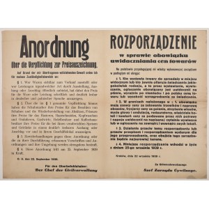 [nemecká okupácia] Nariadenie o povinnosti zviditeľniť ceny tovaru. Krakov, 22. septembra 1939.