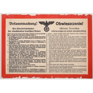 [German occupation] The Commander-in-Chief of the encroaching German army, exercising executive authority on behalf of the Commander-in-Chief of the German Army in the area occupied by his troops, disposes of [...] Afisz. 1939