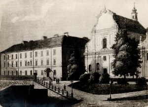 [Lviv] Lviv University. Photograph of a woodcut engraving by Julia Krajewska.